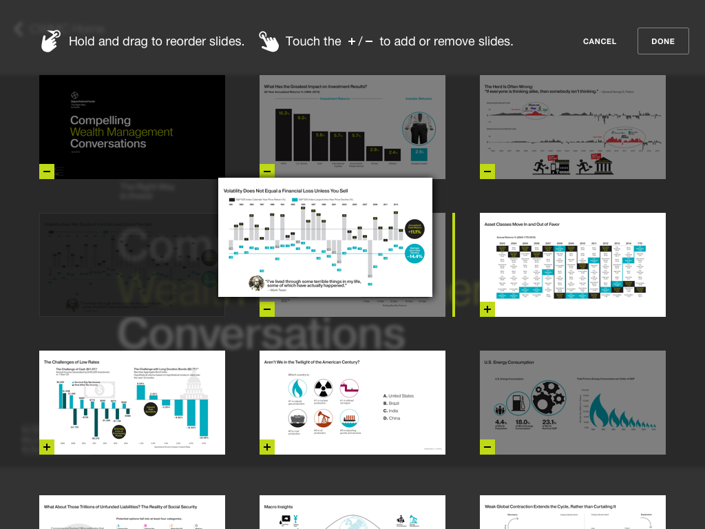 iPad screen showing an overlay grid of slide thumbnails and one thumbnail being moved to a different position